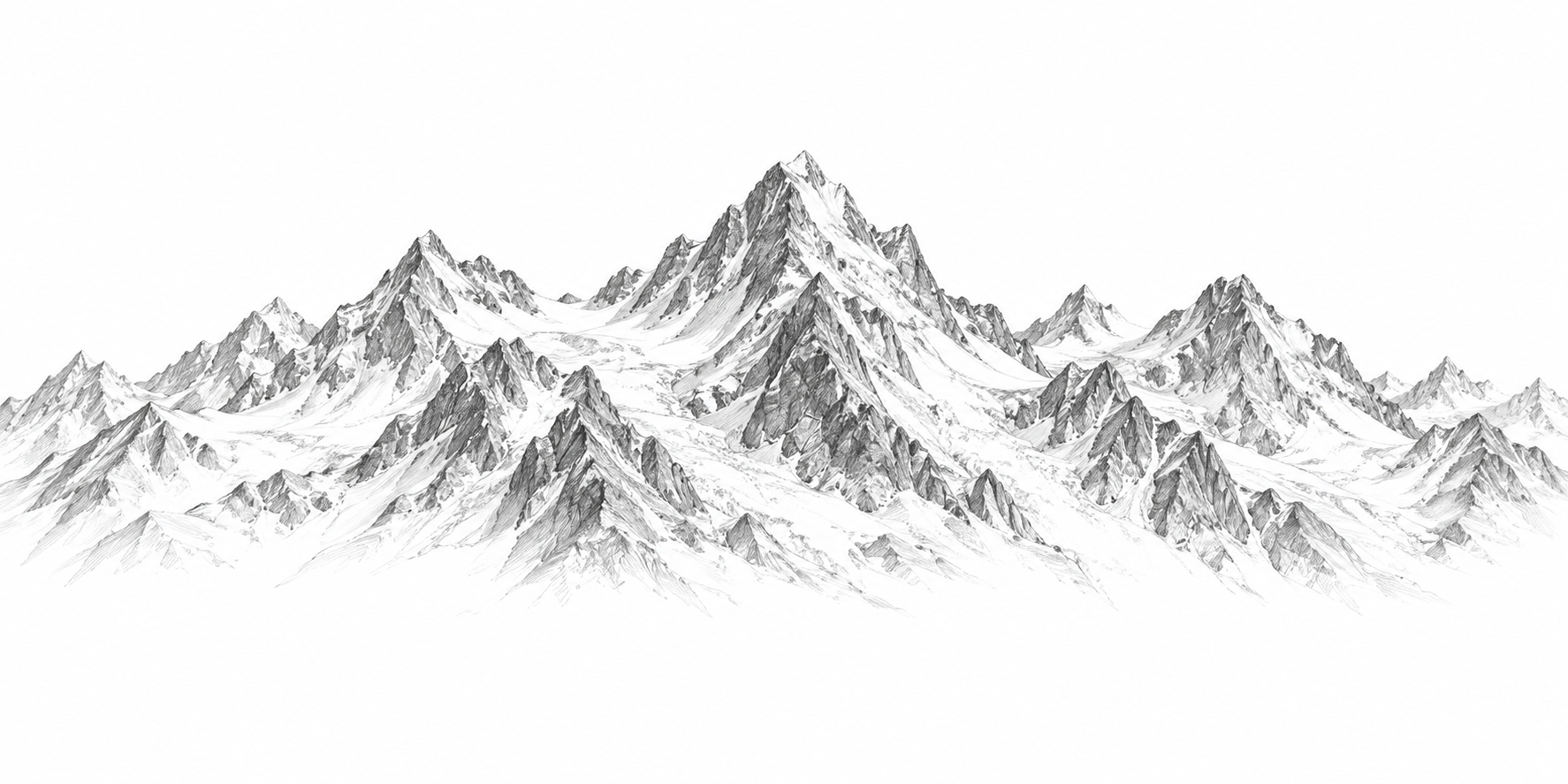 A panoramic mountain range drawn in fine black pencil